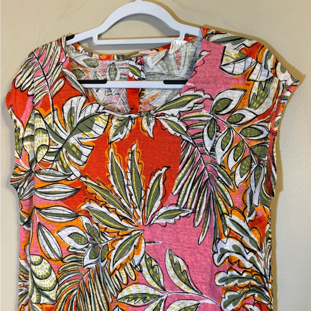 CC California 100% Linen Tropical Floral Print Short Sleeve Blouse Shirt Top - Picture 3 of 10